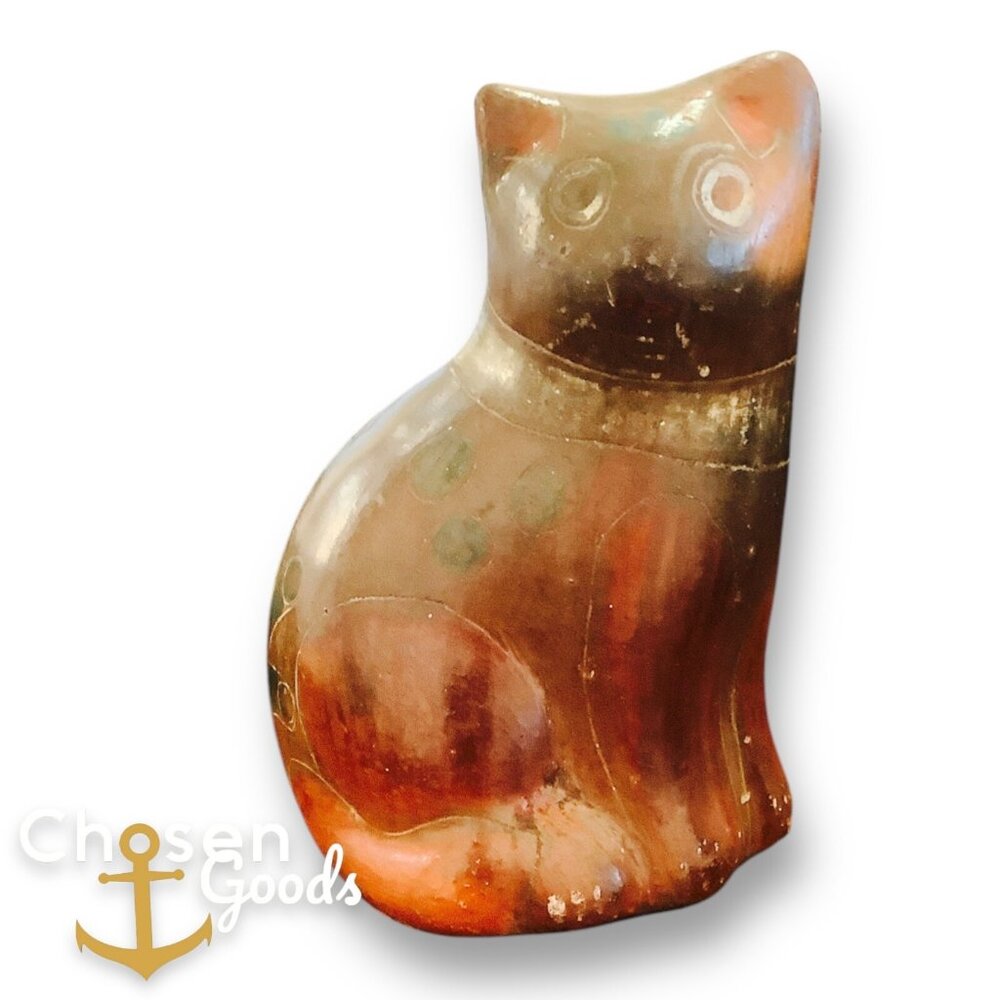 Mexican Folk Art Etched Clay Pottery Cat Figurine Vintage Carved Artisan
